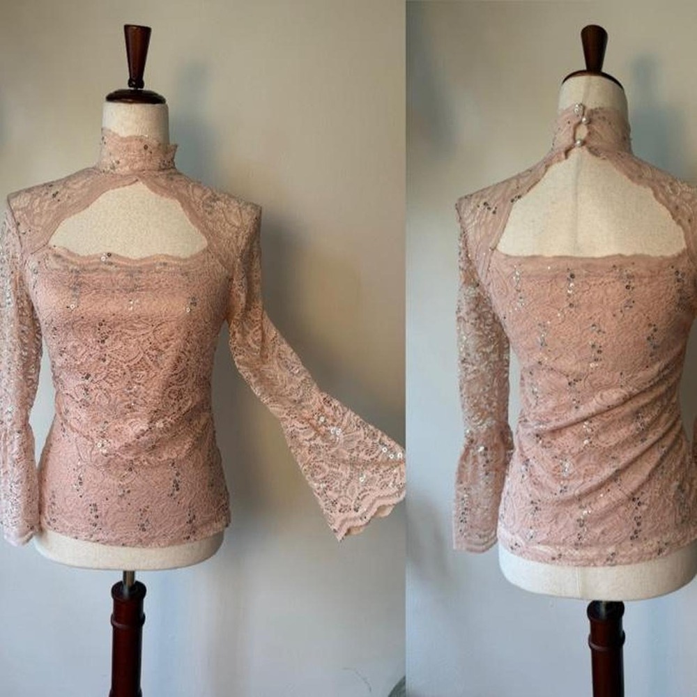 Venus Pink Lace Sequin Fairycore Mock Neck Bell Sleeve Top Size 4 Small